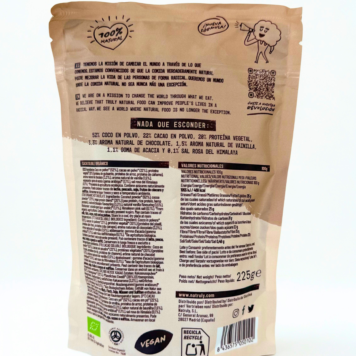 Cacao Soluble BIO Sin Azúcares añadidos, Sin Edulcorantes. Pack | 2 x 225G